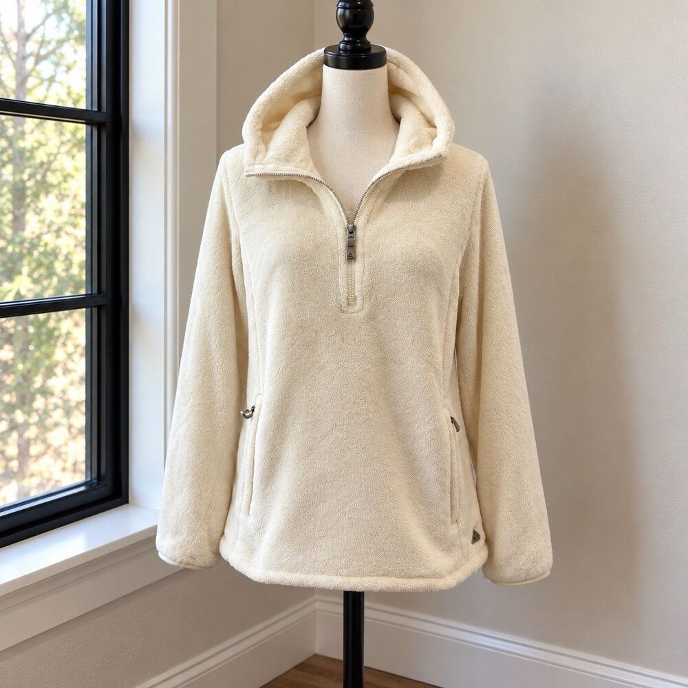 Gerry Women’s Ivory Cream Sherpa Fleece Hoodie Pullover Teddy Quarter Zip Sz. L